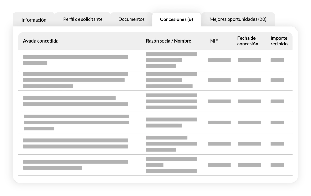 Ayudas conseguidas por cada cliente, con el número de concesiones y el importe total