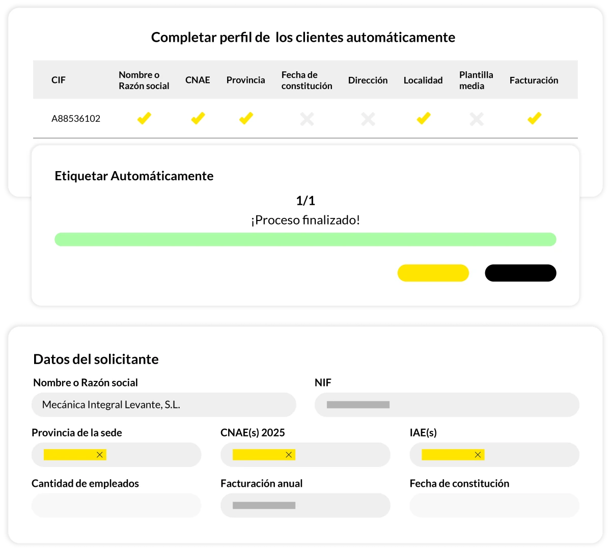 Importación de la cartera de clientes y enriquecimiento automático de cada ficha a partir del CIF